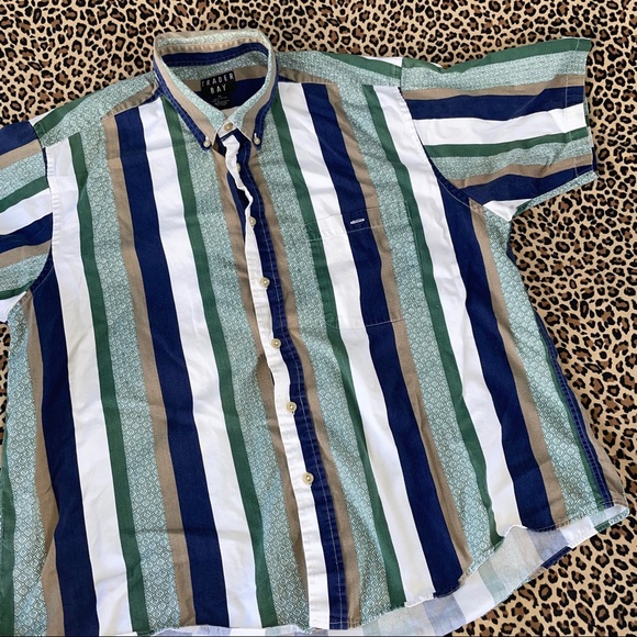 Vintage Trader Bay XL Striped Short Sleeved Collared Button Down Top Green Blue - Picture 4 of 9